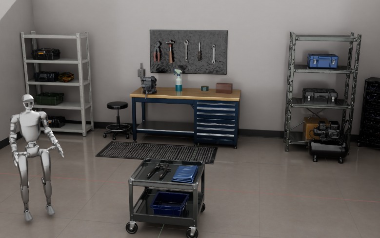 Robot simulating a task in the reconstructed workshop